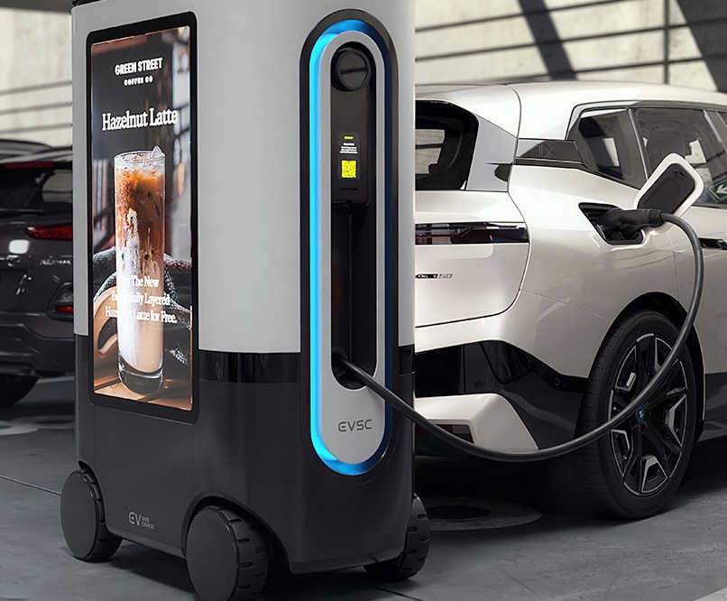 The robot can be summoned to where the EV is parked via an app or in-vehicle infotainment system