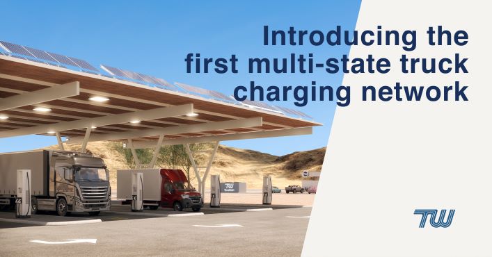 Lifelike rendering of a charging centre for commercial truck fleets that TeraWatt is building along the I-10