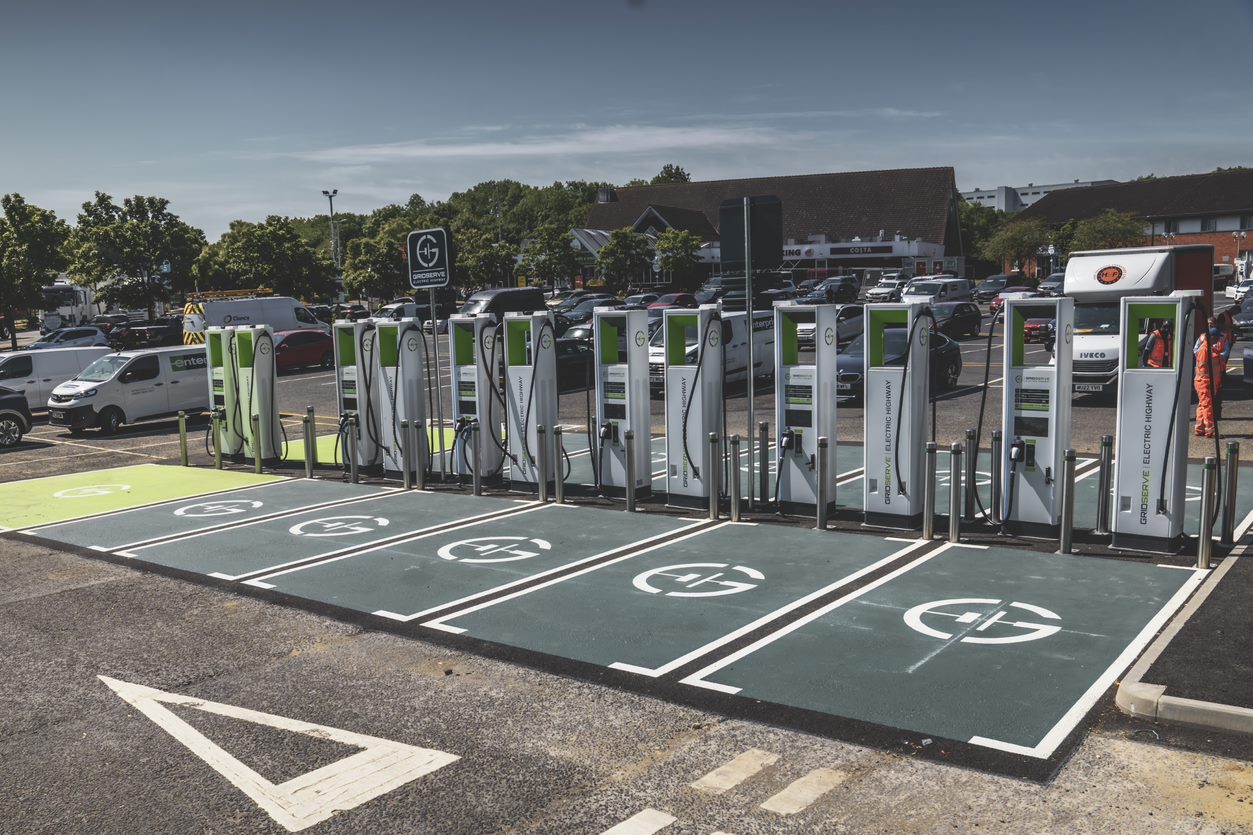 The microgrid at Moto Ferrybridge is a test site for Gridserve which powers six new high power chargers months ahead of when the grid connection is available. Photo: Gridserve