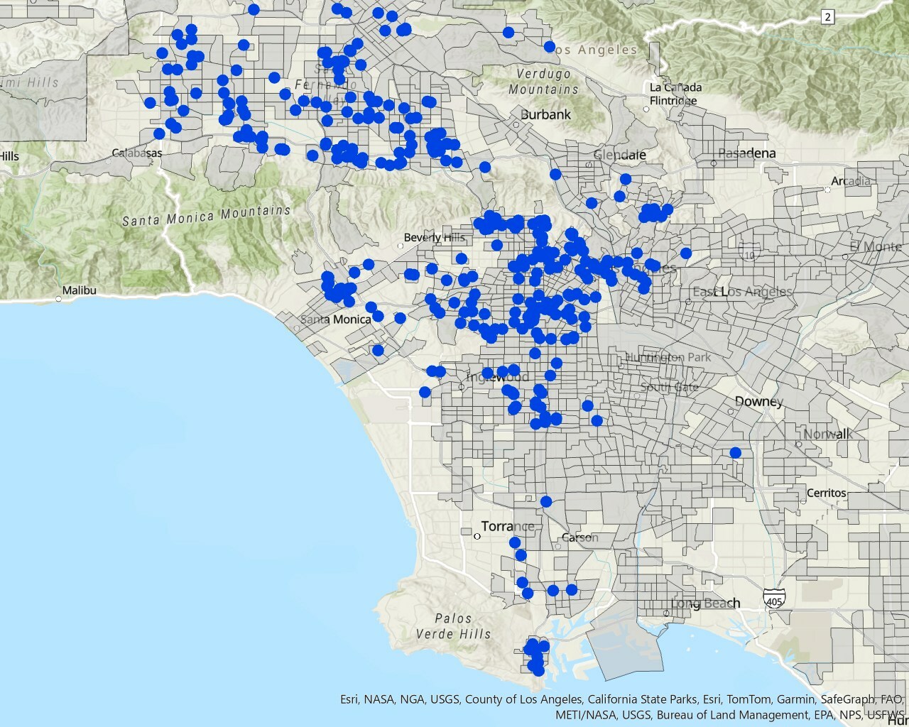 Flo's curbside chargers (blue) located in Justice40 (gray) communities in Los Angeles. Graphic: Flo