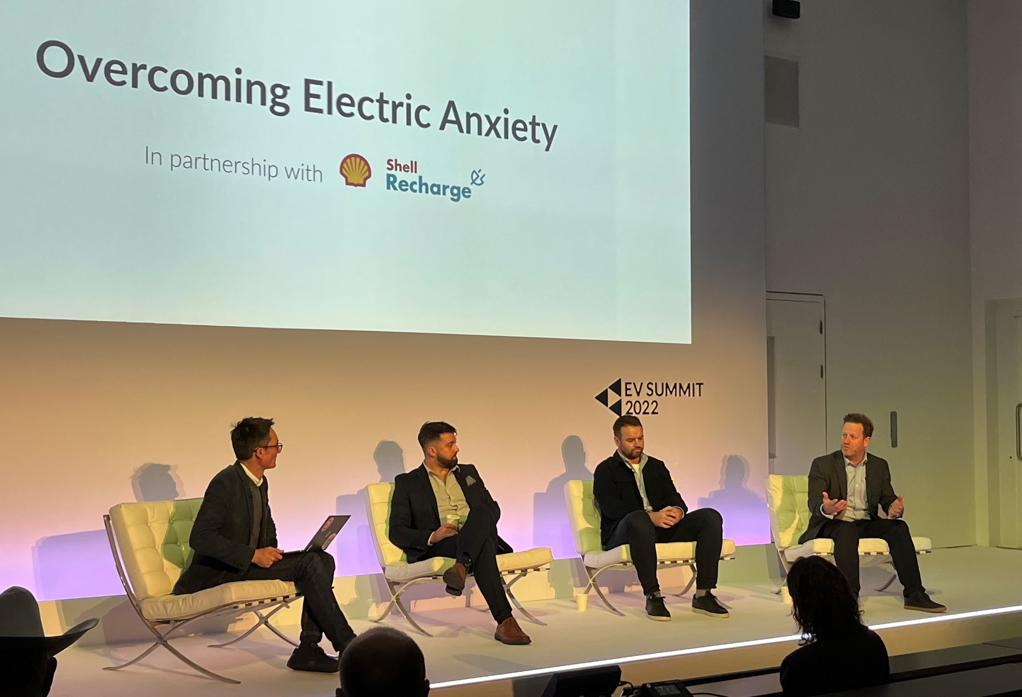 Charging ahead: Discussing the issue of charging anxiety at the EV Summit (left to right): Mark Palmer of AutoTrader, Ben Cooke of UK Parking Control, Jonathan Jenkins of Motability, and Toby Butler of ubitricity