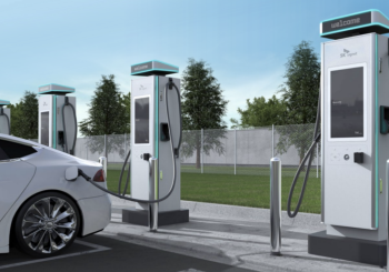A PowerNode charging station can deliver a 100-mile charge for a typical EV in less than 10 minutes, with the power to service more than 100 vehicles per day per charging station. Image: Electric Era Technologies