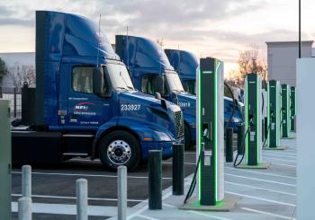 NFI’s state-of-the-art DC fast charging facility supports the company’s fleet of 50 heavy-duty electric trucks. Photo: Electrify America