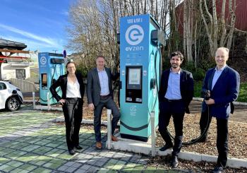 Announcing the order for 300 EVBox Troniq Modular fast charging stations are, from left, Amélie Trégouët, regional director, EVBox France; Remco Samuels, EVBox CEO; Anthony Dupont electric mobility director, Smeg; and Emmanuel Mignot, commercial lead, EVBox Global. Photo: EVBox