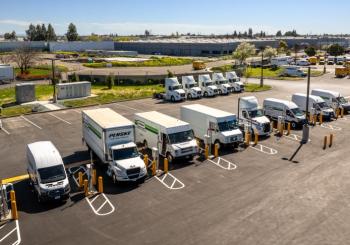Hitachi’s Grid-eMotion fleet solution charging electric trucks at Penske truck depot in Stockton, California. Photo: Hitachi Energy
