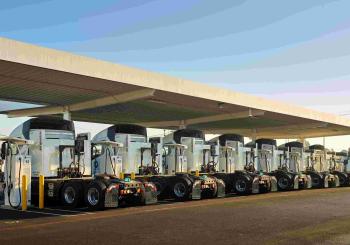 Electric drayage trucks charging at one of Voltera’s port charging stations Photo: Voltera